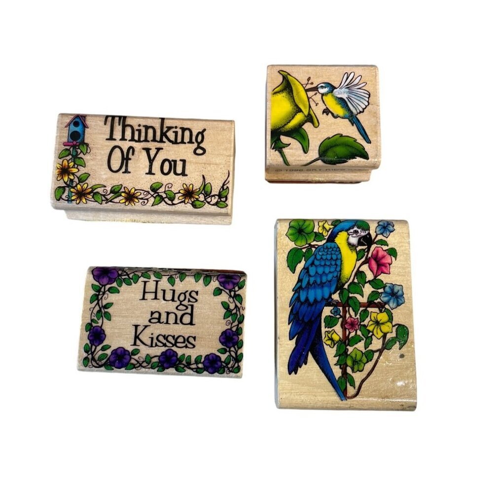 Set Of 4 Vintage Wooden Rubber Stamps Thinking of You Birds Flowers NO INK
